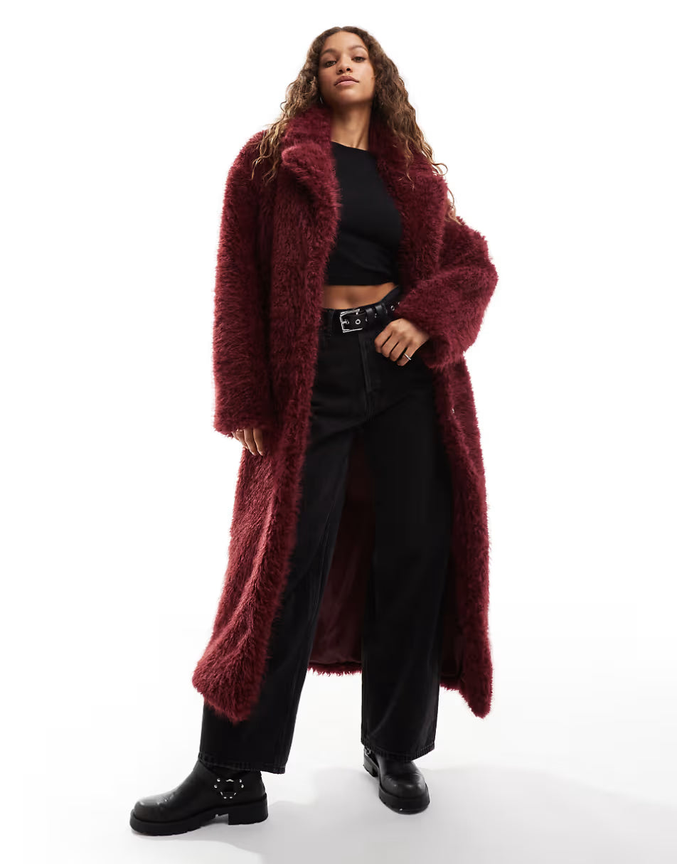 Asos Burgundy Faux Fur Coat