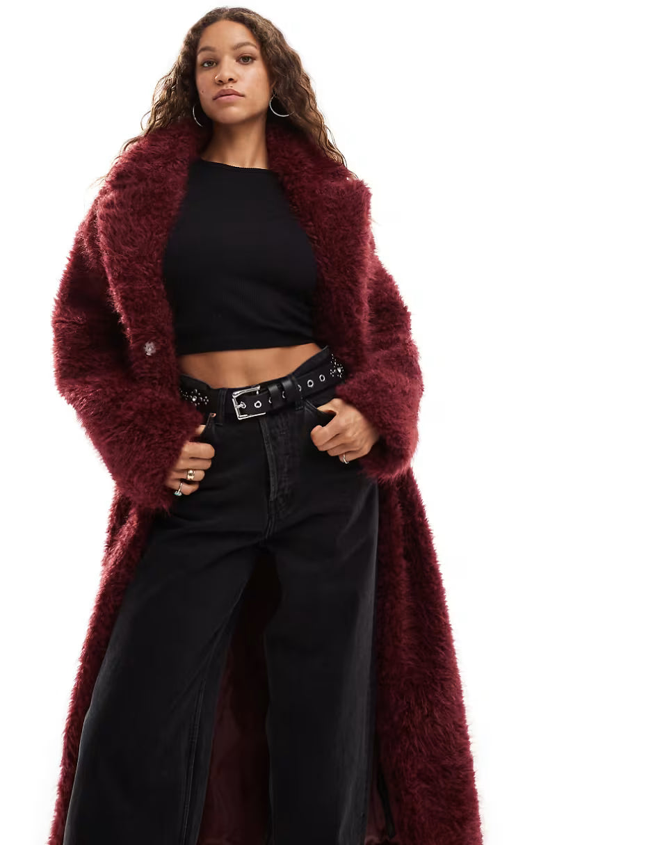 Asos Burgundy Faux Fur Coat