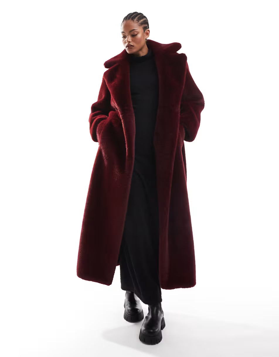 Asos Burgundy Faux Fur Coat
