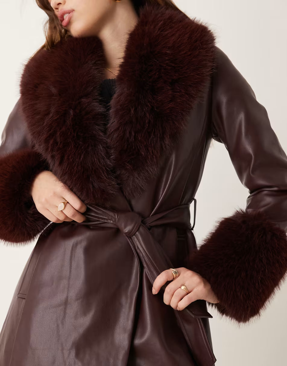 Asos Burgundy Faux Fur Coat