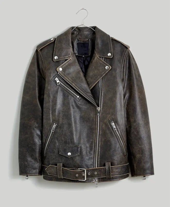 Affortable Vintage Brown Distressed Leather Biker Jacket Women