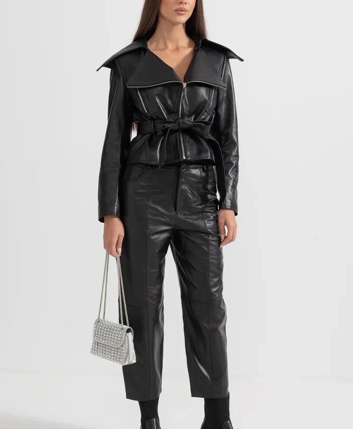 Affortable Womens Black Wide Lapel Leather Jacket With Belted