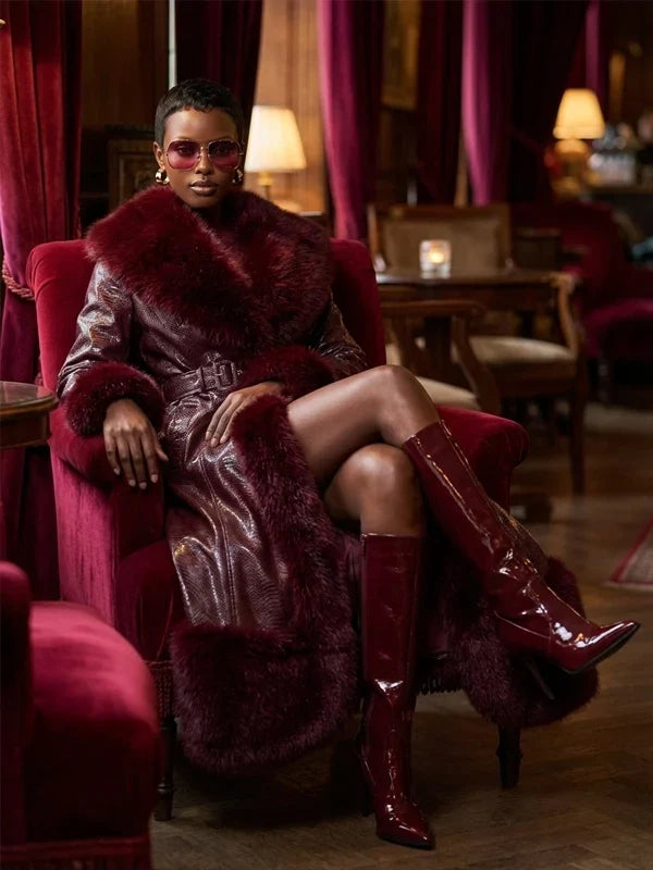 Akira-Vivian-Fur-Trench-Coat-In-Burgundy