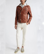 Alley Brown Mocha Leather Biker Jacket For Sale