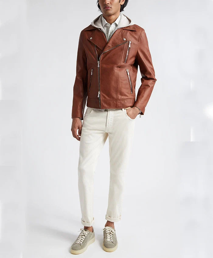 Alley Brown Mocha Leather Biker Jacket For Sale