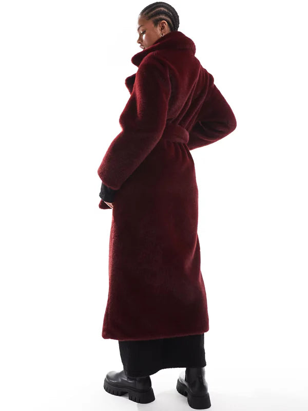 Asos-Design-Longline-Belted-Faux-Fur-Coat-In-Burgundy