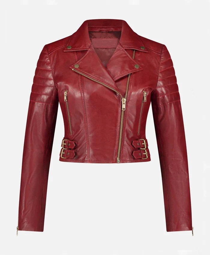 Asymmetrical Womens Red Leather Biker Jacket For Sale