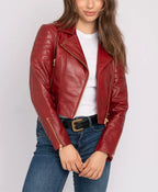 Asymmetrical Womens Red Leather Biker Jacket