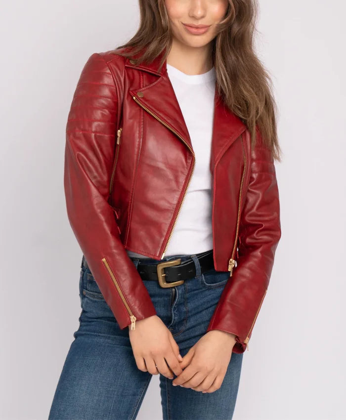 Asymmetrical Womens Red Leather Biker Jacket