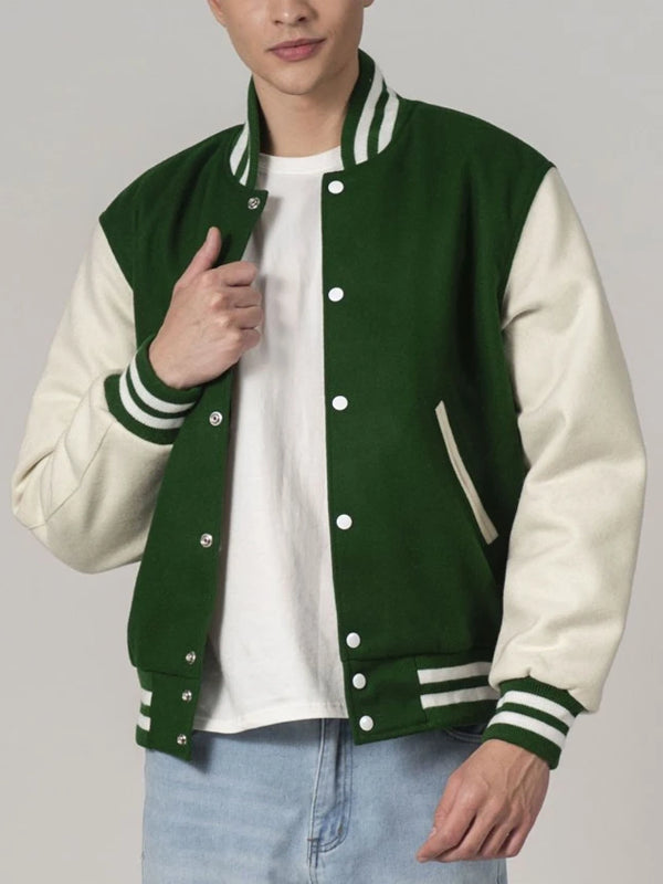 Baseball-Forest-Green-And-White-Varsity-Jacket-With-Leather-Sleeves