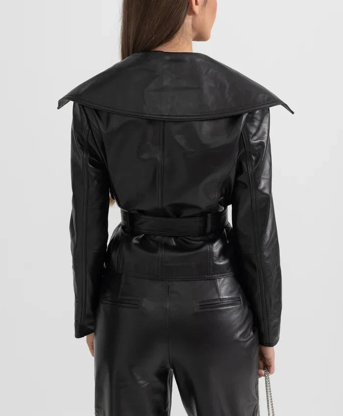 Best Womens Black Wide Lapel Leather Jacket With Belted