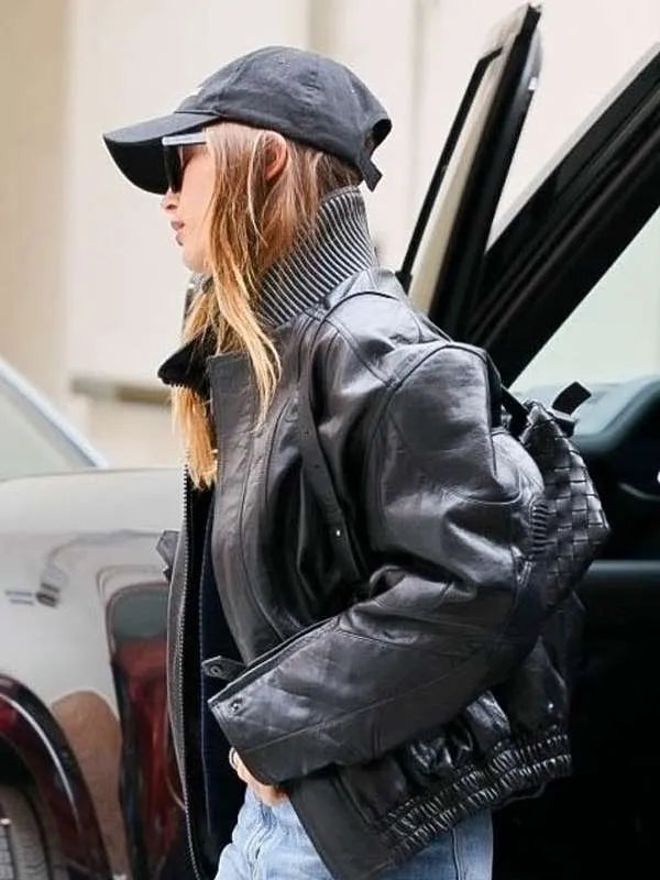 Beverly-Hills-Street-Style-Hailey-Bieber-Black-Bomber-Leather-Jacket