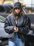 Beverly-Hills-Street-Style-Hailey-Bieber-Bomber-Leather-Jacket