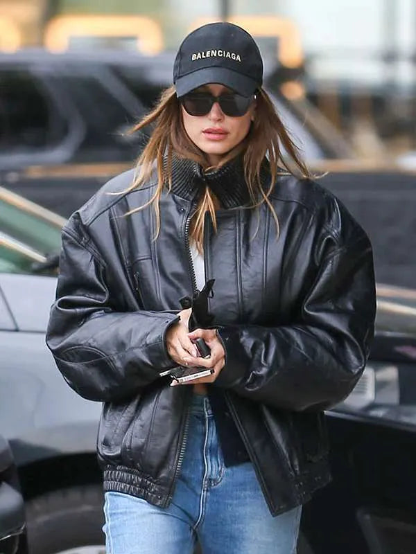 Beverly-Hills-Street-Style-Hailey-Bieber-Bomber-Leather-Jacket