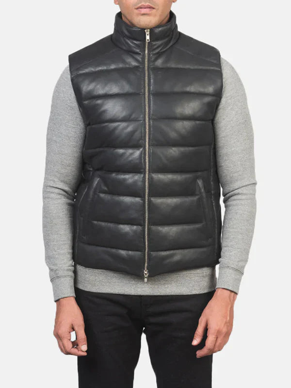 Black Leather Puffer Vest For Sale