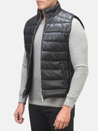 Black Leather Puffer Vest On Sale