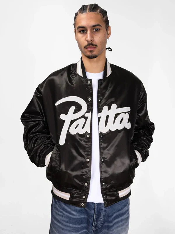 Patta Script Logo Satin Varsity Jacket In Black
