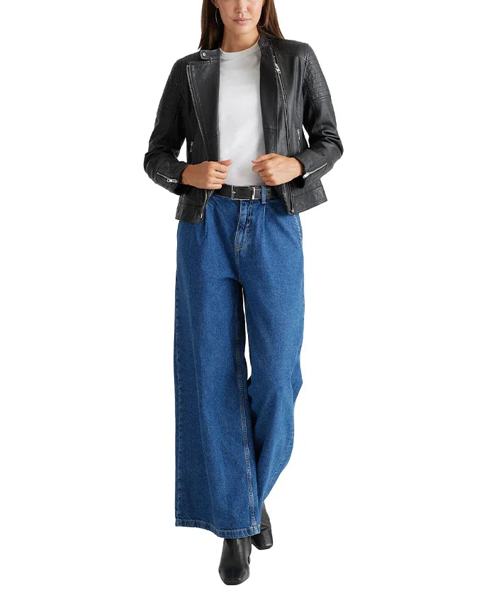 Black Womens Real Leather Cafe Racer Jacket For Sale