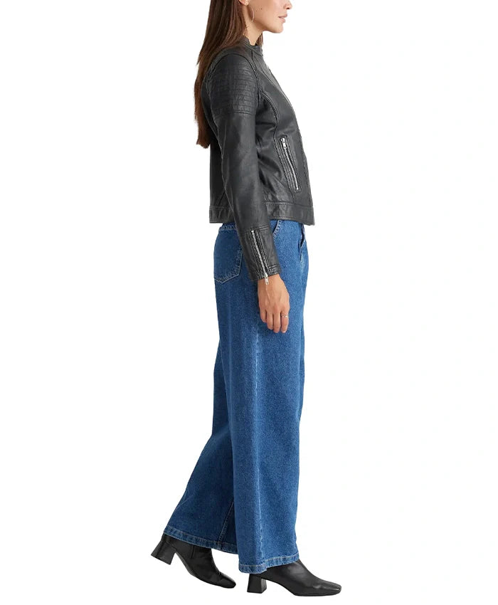 Black Womens Real Leather Cafe Racer Jacket For Women