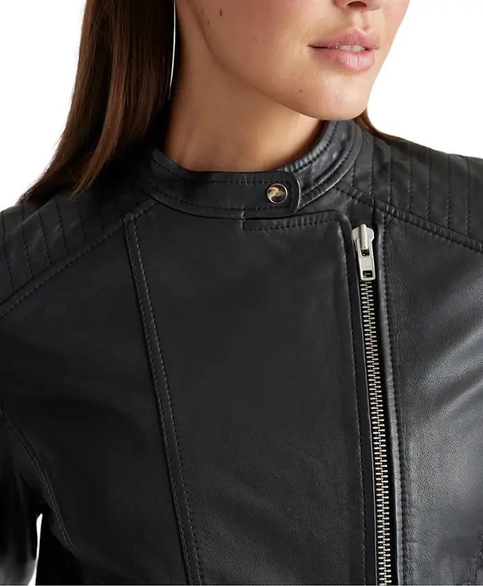 Black Womens Real Leather Cafe Racer Jacket In UK