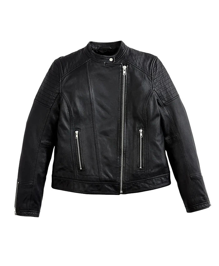 Black Womens Real Leather Cafe Racer Jacket In USA