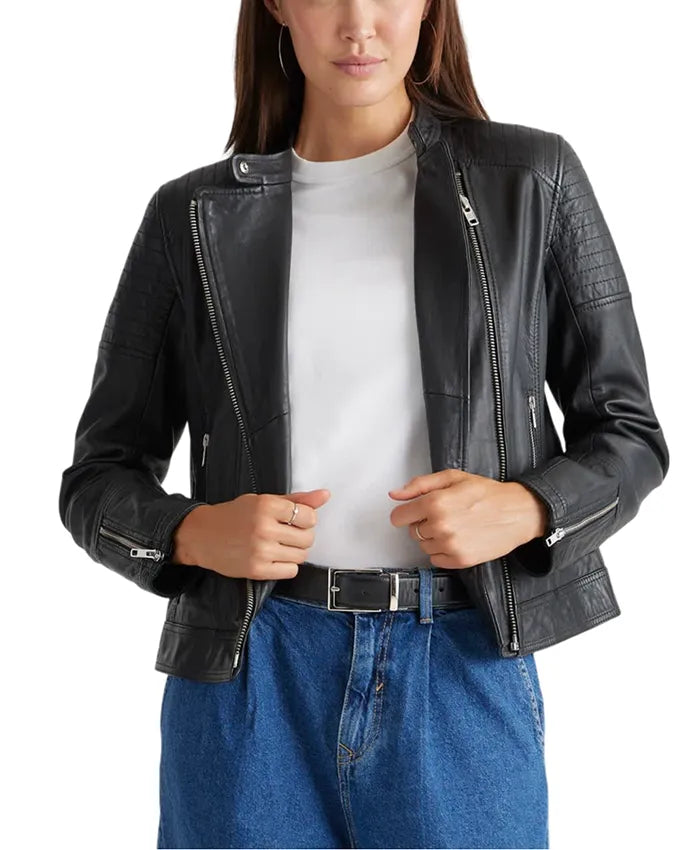 Black Womens Real Leather Cafe Racer Jacket