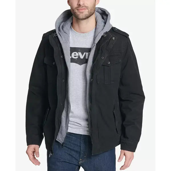 Men-Sherpa-Lined-Two-Pocket-Hooded-Trucker-Jacket-black