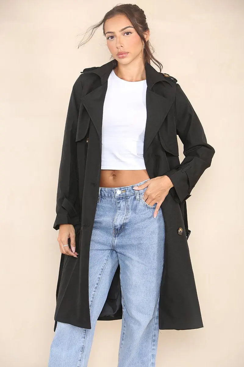 Black cropped trench coat detail