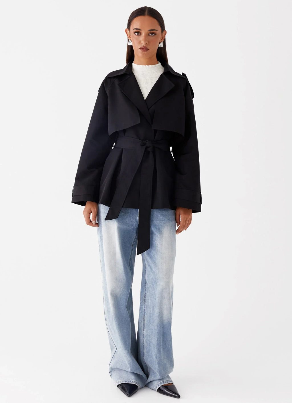 Black cropped trench coat front view