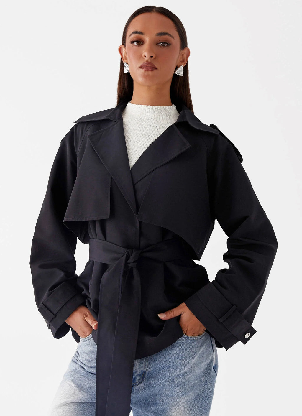 Black cropped trench coat stylish fit
