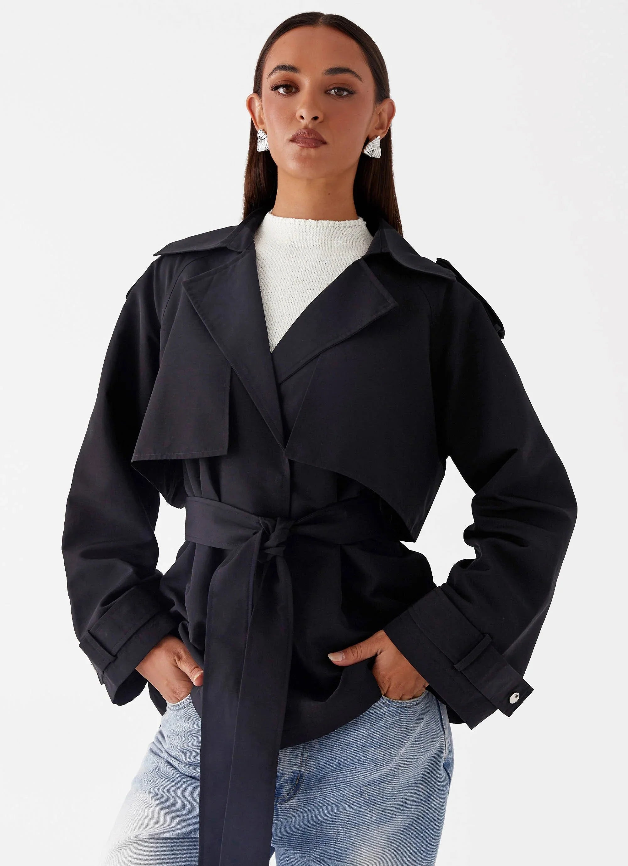 Black cropped trench coat stylish fit