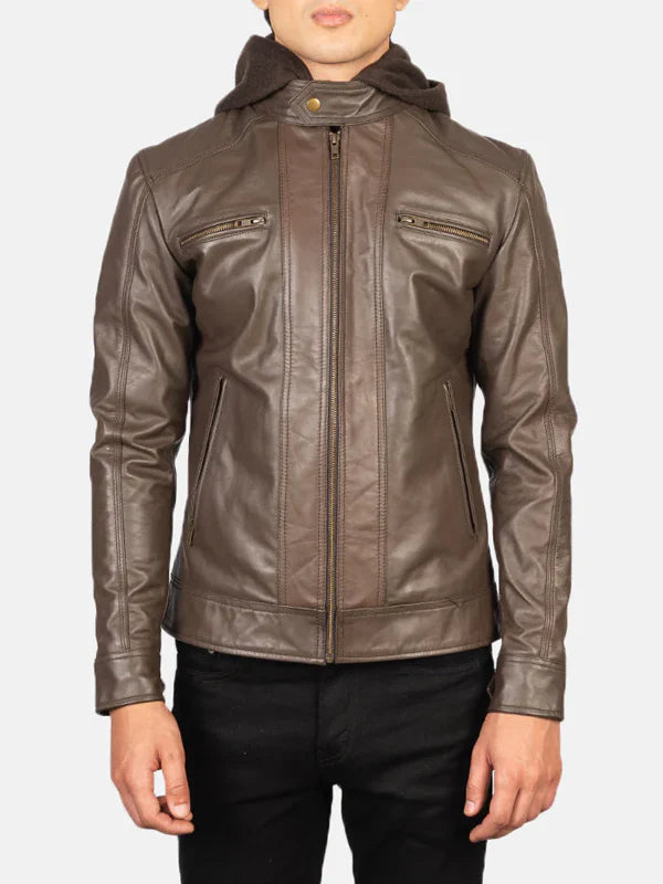 Brown Hooded Leather Jacket For Sale