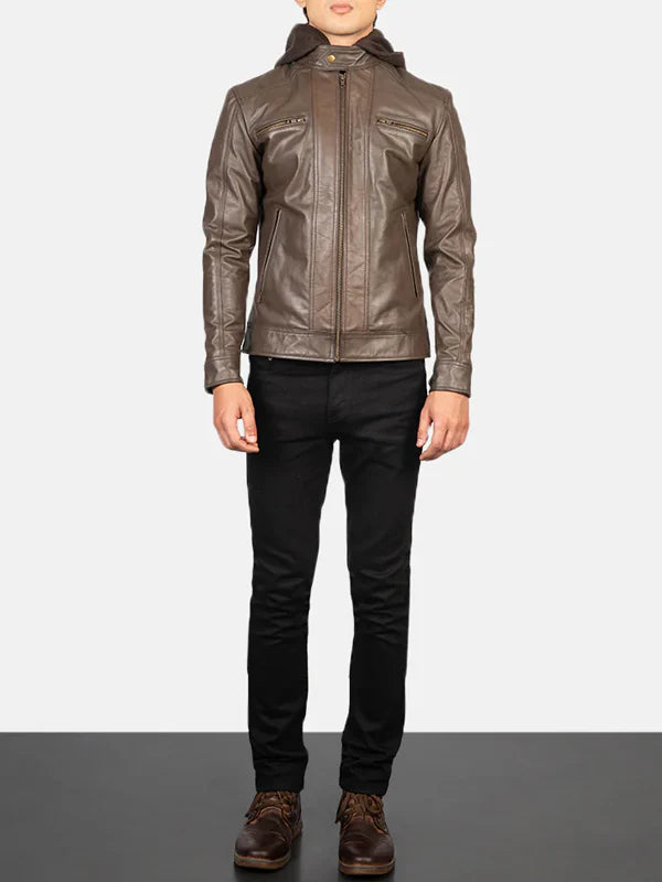 Brown Hooded Leather Jacket Sale