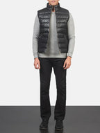 Buy Black Leather Puffer Vest