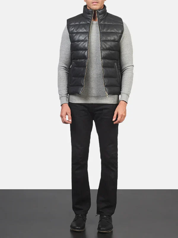 Buy Black Leather Puffer Vest