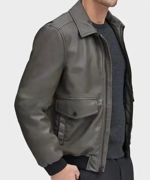 Buy Mens Grey Leather Bomber Jacket