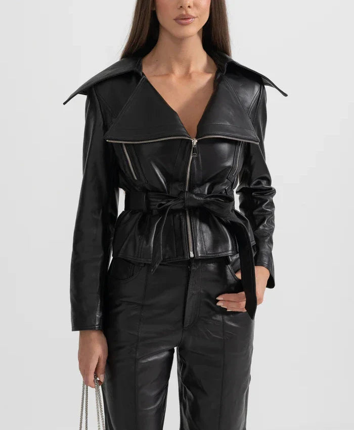 Buy Womens Black Wide Lapel Leather Jacket With Belted