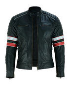 Cafe Racer Black Leather Striped Motorcycle Jacket For Men