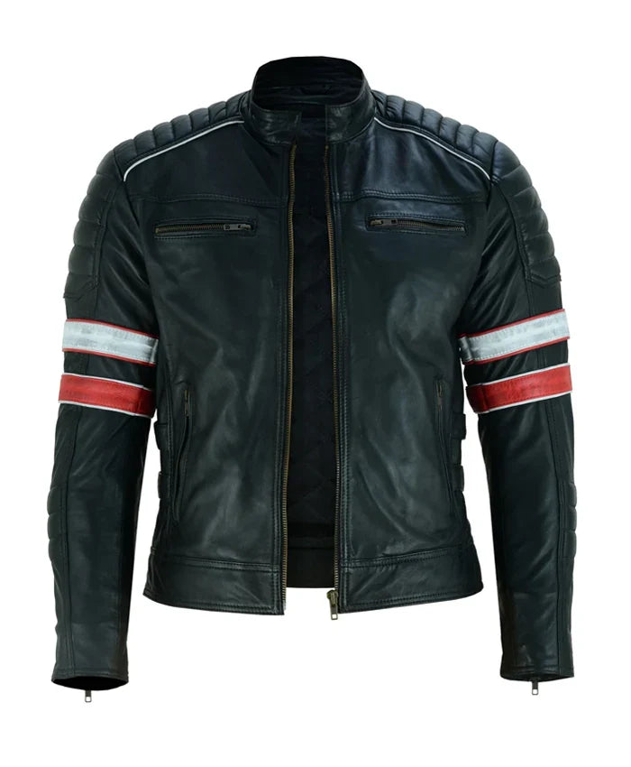 Cafe Racer Black Leather Striped Motorcycle Jacket For Men