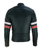 Cafe Racer Black Leather Striped Motorcycle Jacket For Women