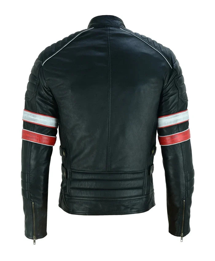 Cafe Racer Black Leather Striped Motorcycle Jacket For Women