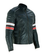 Cafe Racer Black Leather Striped Motorcycle Jacket In UK