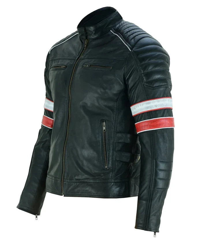 Cafe Racer Black Leather Striped Motorcycle Jacket In USA