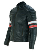 Cafe Racer Black Leather Striped Motorcycle Jacket In USA