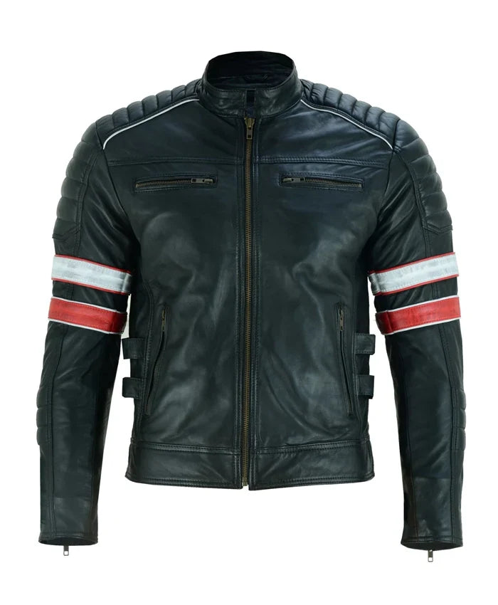 Cafe Racer Black Leather Striped Motorcycle Jacket