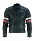 Cafe Racer Black Leather Striped Motorcycle Jacket