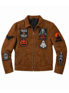 Halloween Patches Vintage Brown Suede Leather Jacket
