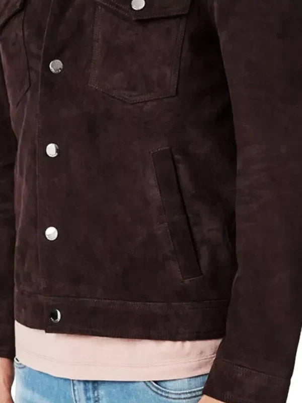 Dark Brown Suede Leather Bomber Jacket