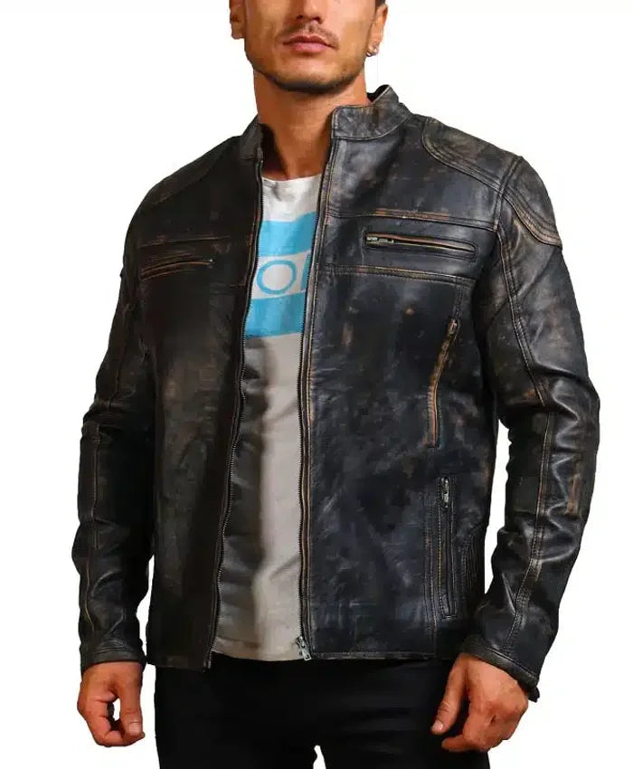 David Distressed Brown Leather Motorcycle Jacket Mens