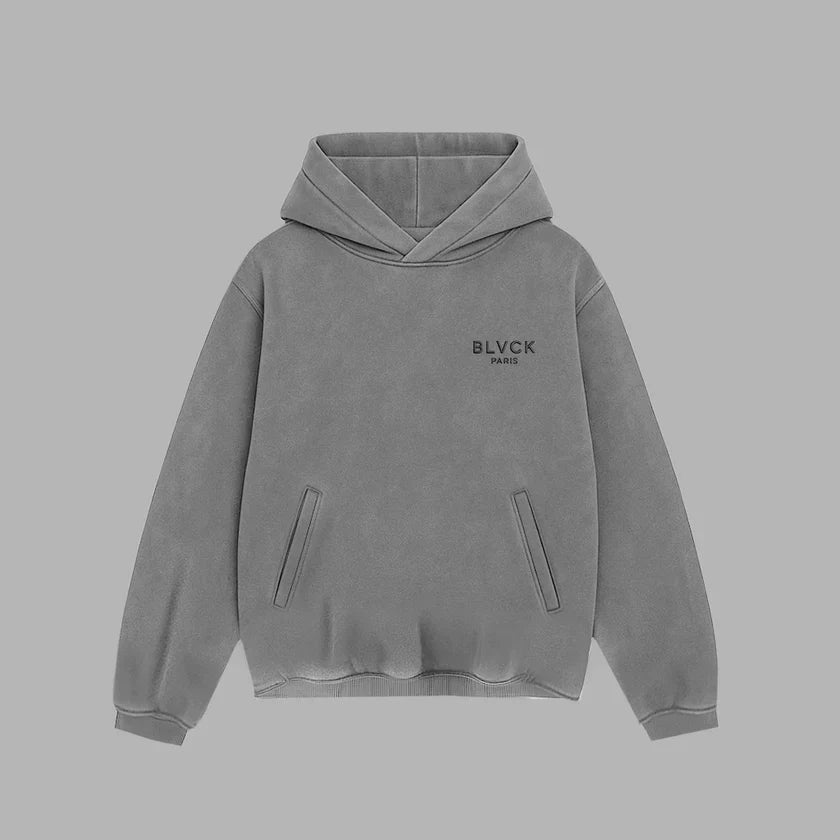 Distressed acid wash men's hoodie, street style